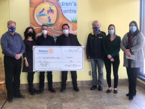 Peterborough ON, 8 February 2022 - A $3,000 donation to the Building Abilities for Life Campaign from the Rotary Club of Peterborough will help Five Counties Children’s Centre provide speech and communication services to more children and youth in our community. In this photo: Wayne Harding, Rotary Club of Peterborough President; Kelli and Tony Grady, Lead Tournament Sponsor Grady’s Feet Essentials; Scott Pepin, CEO Five Counties Children’s Centre; Lloyd Graham, Rotary Club of Peterborough Golf Tournament Committee Chair; Linsey Kampf, Annual Giving Coordinator, Five Counties Children’s Centre; Lyn Giles, Director of Fund Development, Five Counties Children’s Centre.