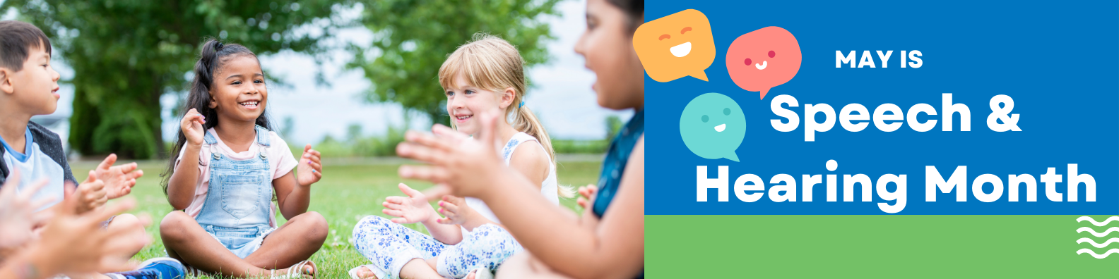 Children in a circle clapping and smiling May is Speech and Hearing Month