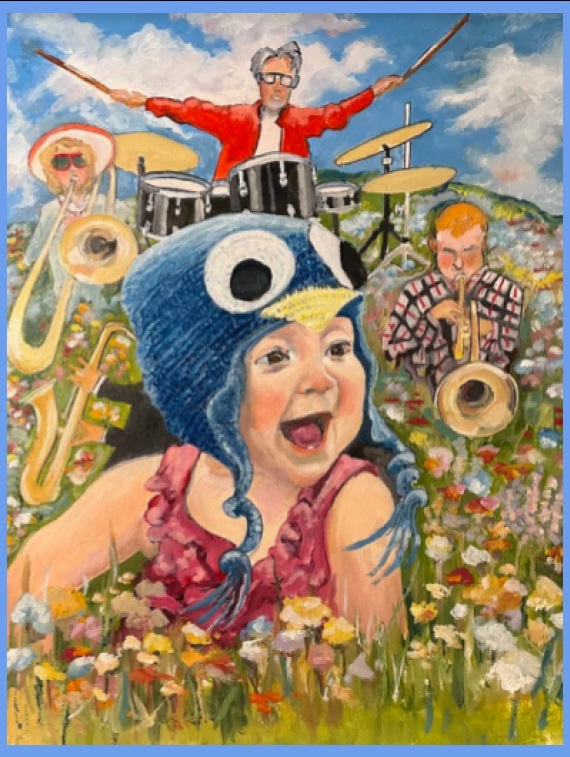 Photo of child with musicians in background